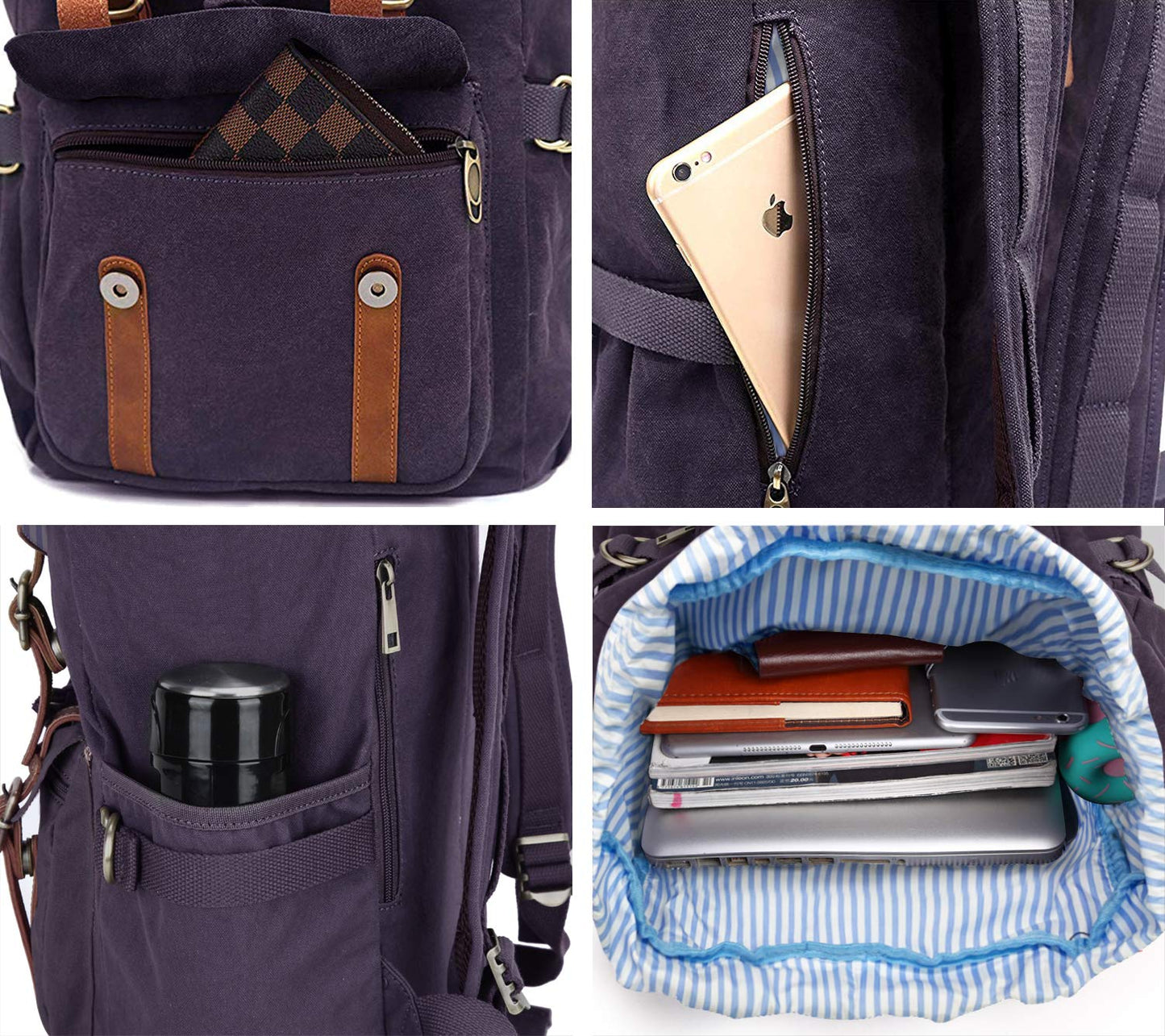 EverVanz Mochila de Lona Grande, Portátil 15", Viaje, Trabajo, Escuela, Morado