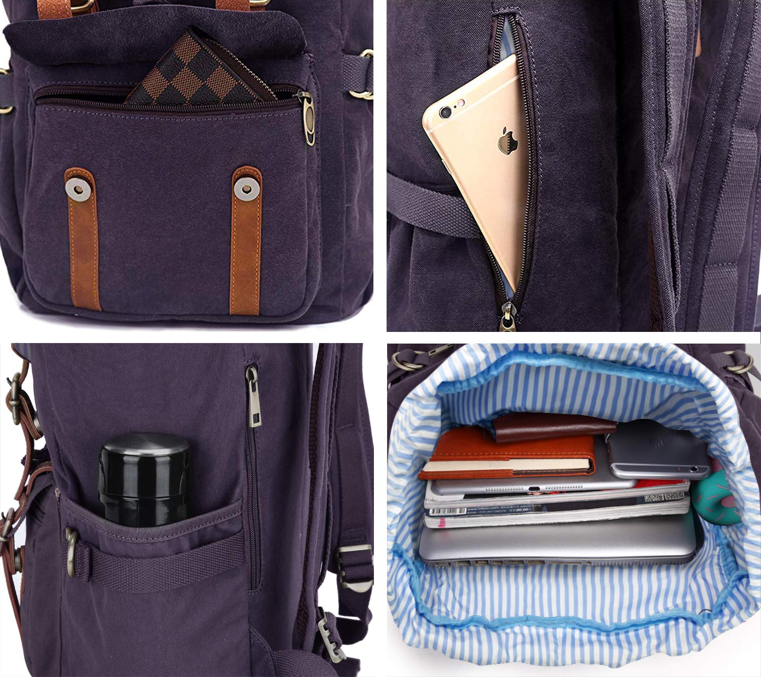 EverVanz Mochila de Lona Grande, Portátil 15", Viaje, Trabajo, Escuela, Morado